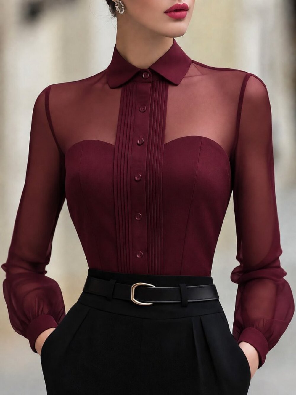 Burgundy Elegant Women's Unlined Sheer Bishop Sleeve Slim Fit Shirt Collar Top